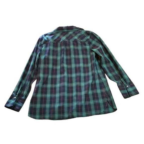 Talbots Women's Green Tartan Plaid Blouse Size 10 Non Iron Rhinestone Button - Picture 4 of 5